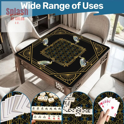 Art Deco Mahjong Mat Black Gold Floral Peacock Elegant Mahj Mat - Daily Accessories