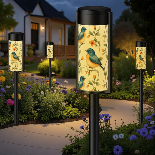 Asian Blue Robin Floral Bird Zen Garden Outdoor Solar Lights - 4pcs - Garden Decor