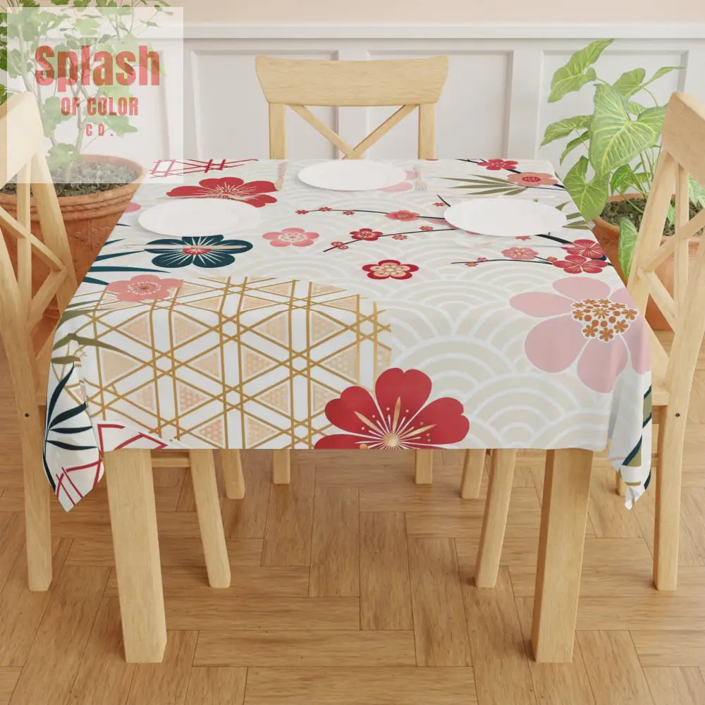 Asian Cherry Blossom Elegant Floral Tablecloth Japanese Design Table Cover - One size / White - Home Decor
