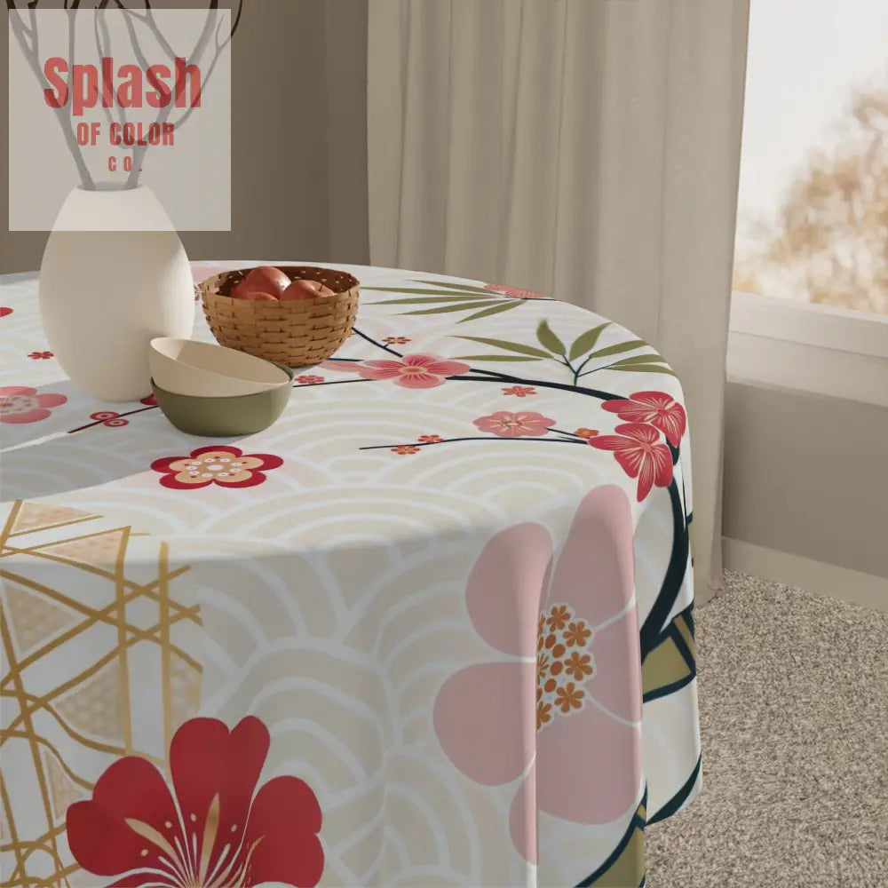 Asian Cherry Blossom Elegant Floral Tablecloth Japanese Design Table Cover - One size / White - Home Decor