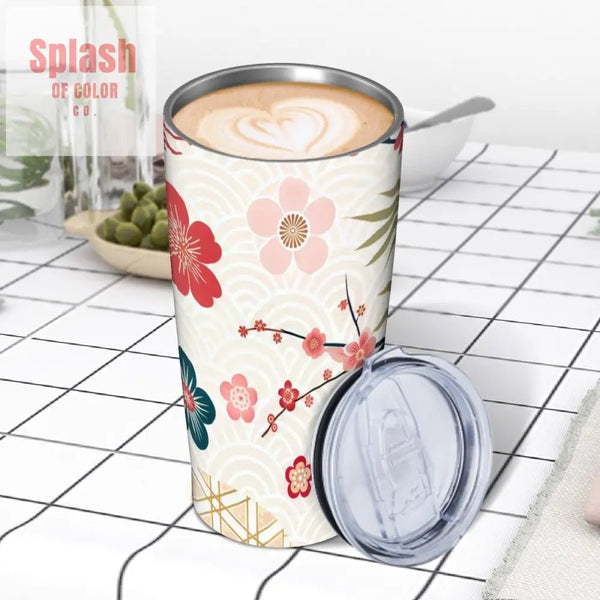 Asian Cherry Blossom Floral Stainless Steel Insulated Tumblers with Lid & Straw - Splash of Color co.