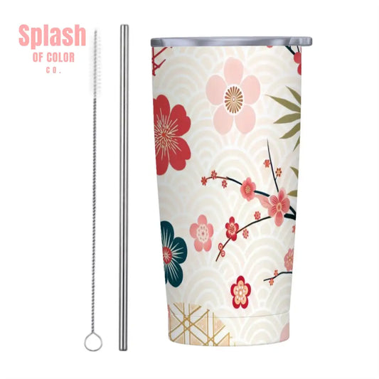 Asian Cherry Blossom Floral Stainless Steel Insulated Tumblers with Lid & Straw One Size Drinkware