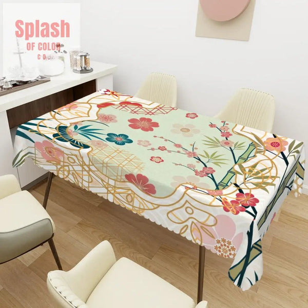 Asian Cherry Blossom Mahjong Party Hosting All Occassion Rectangular Table Cloth with Wavy Edge 72’’x54’’ Home