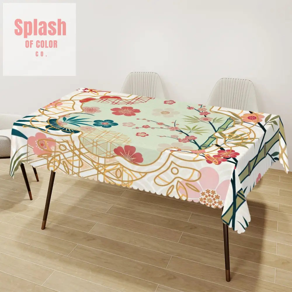 Asian Cherry Blossom Mahjong Party Hosting All Occassion Rectangular Table Cloth with Wavy Edge 72’’x54’’ Home