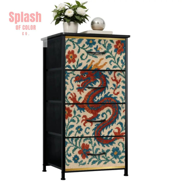 Asian Chinese Dragon, Faux Needlepoint Mahjong Storage 4 - Drawer Dresser - Splash of Color co.