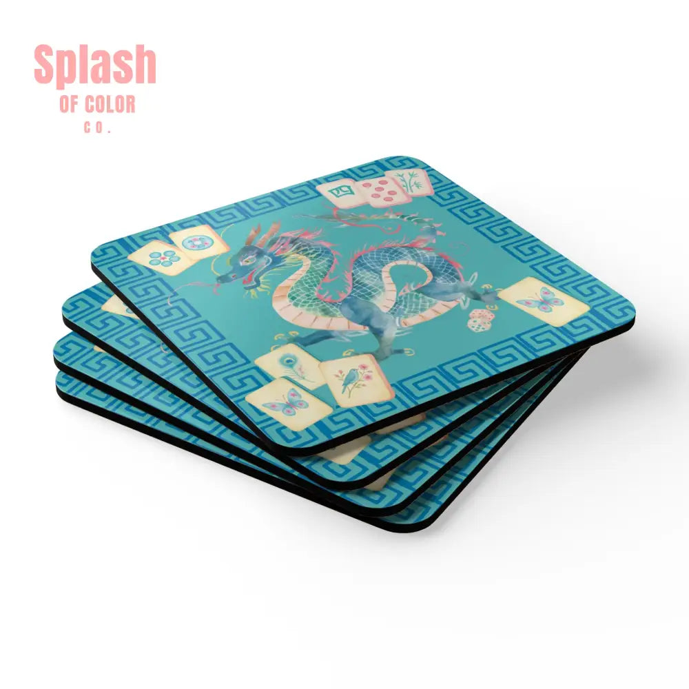 Asian Chinese Dragon Watercolor Mahjong Decorative Coaster Set - Cork / 3.75’’ × 3.75’’ / Square - Home Decor