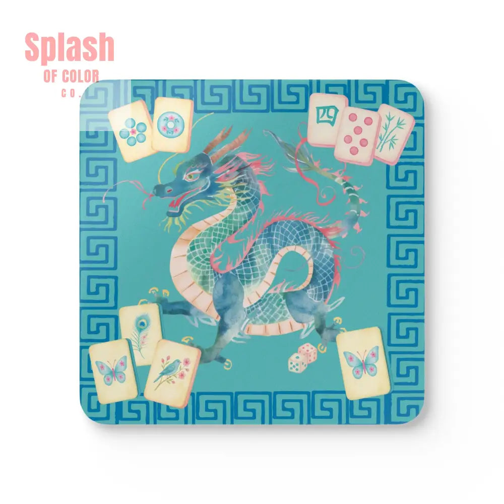 Asian Chinese Dragon Watercolor Mahjong Decorative Coaster Set - Cork / 3.75’’ × 3.75’’ / Square - Home Decor