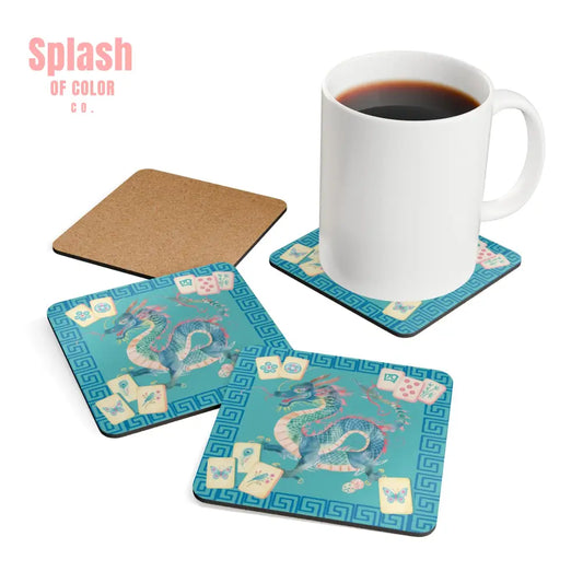 Asian Chinese Dragon Watercolor Mahjong Decorative Coaster Set - Cork / 3.75’’ × 3.75’’ / Square - Home Decor