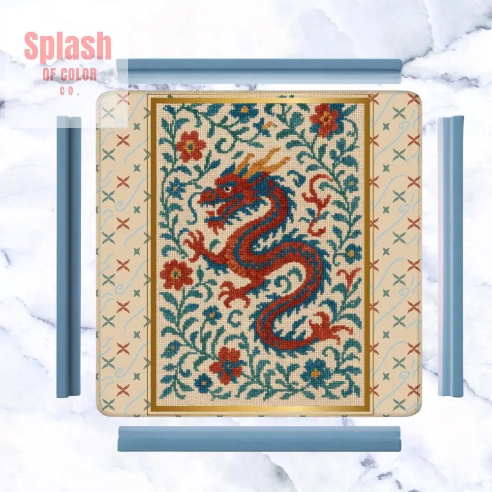 Asian Chinoiserie Dragon Embroidery Mahjong Mat, Faux Needle Point Mahj Mat - Splash of Color co.