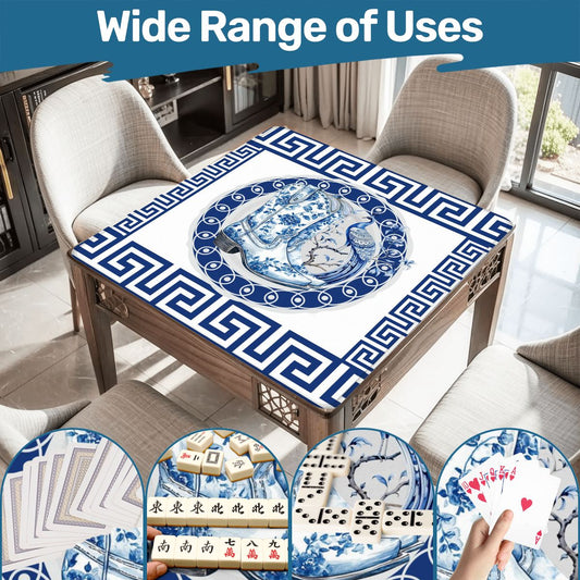 Asian Chinoiserie Floral Dragon And Cowboy Boot Blue And White Mahjong Mat - 31.5’’x31.5’’ - Daily Accessories