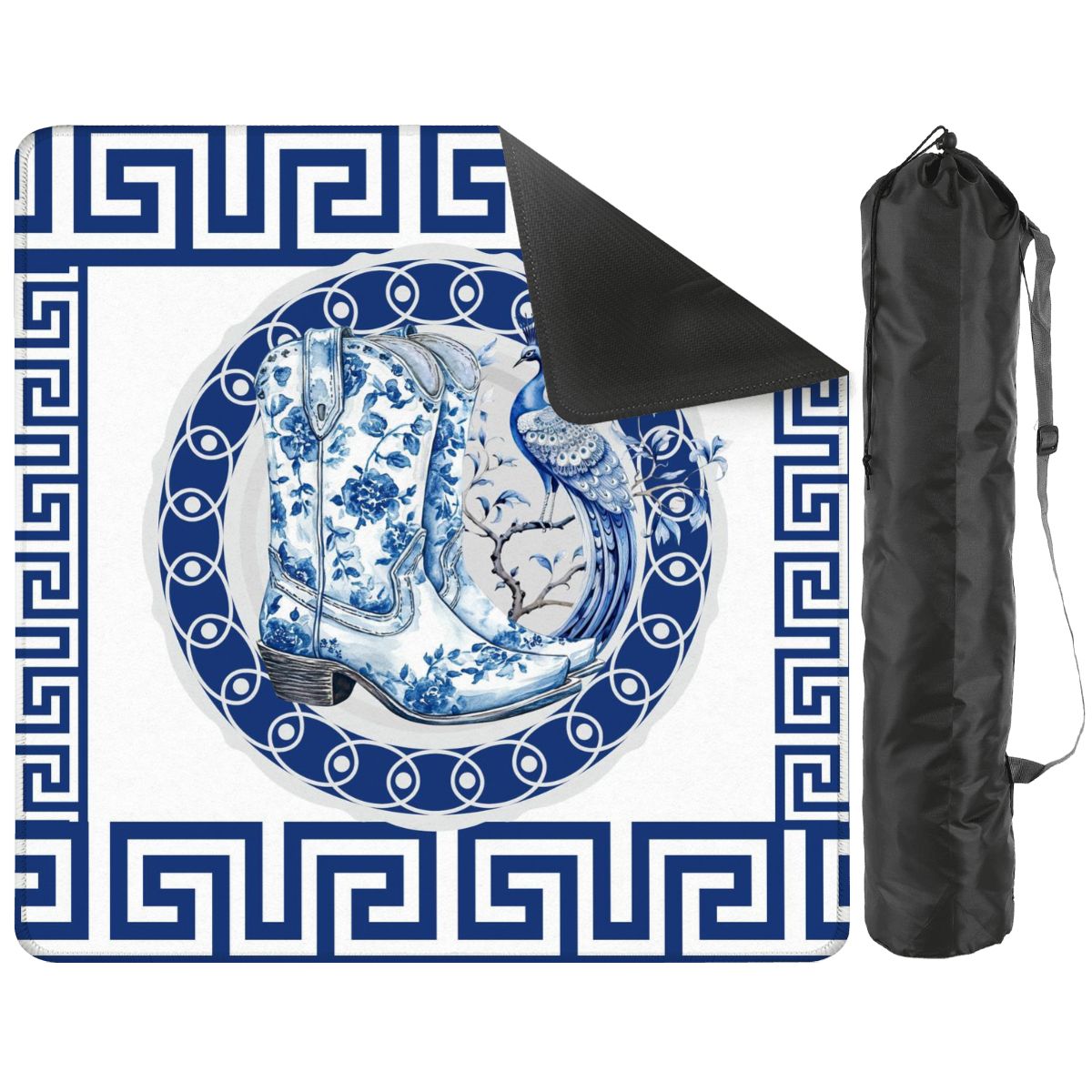 Asian Chinoiserie Floral Dragon And Cowboy Boot Blue And White Mahjong Mat - 31.5’’x31.5’’ - Daily Accessories