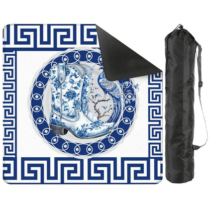 Asian Chinoiserie Floral Dragon And Cowboy Boot Blue And White Mahjong Mat - 31.5’’x31.5’’ - Daily Accessories