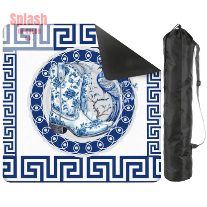 Asian Chinoiserie Floral Dragon And Cowboy Boot Blue And White Mahjong Mat - 31.5’’x31.5’’ - Daily Accessories