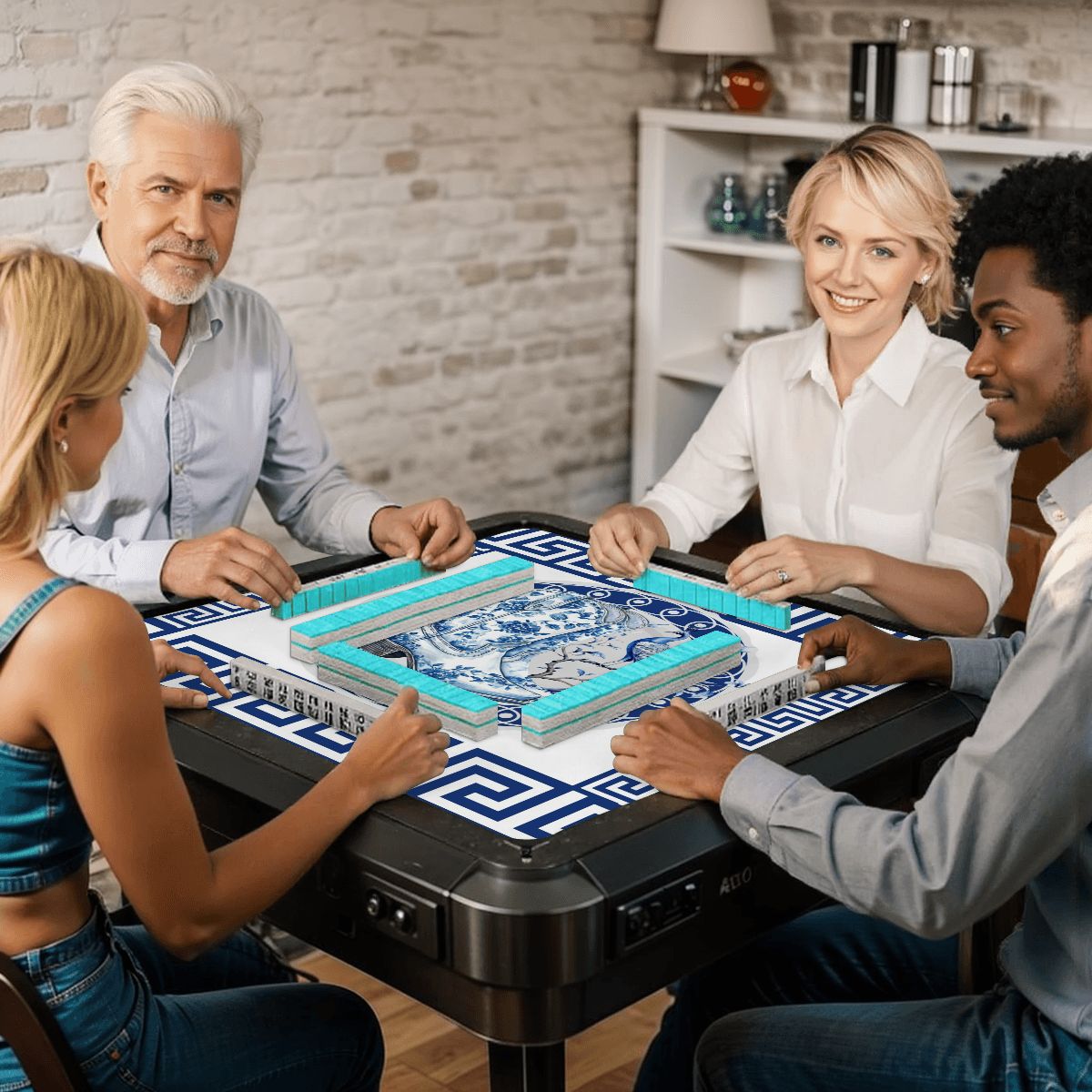 Asian Chinoiserie Floral Dragon And Cowboy Boot Blue And White Mahjong Mat - 31.5’’x31.5’’ - Daily Accessories