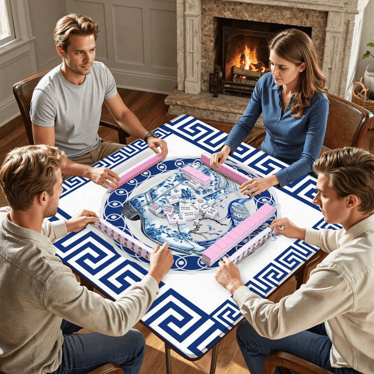 Asian Chinoiserie Floral Dragon And Cowboy Boot Blue And White Mahjong Mat - 31.5’’x31.5’’ - Daily Accessories