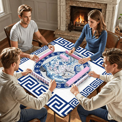 Asian Chinoiserie Floral Dragon And Cowboy Boot Blue And White Mahjong Mat - 31.5’’x31.5’’ - Daily Accessories