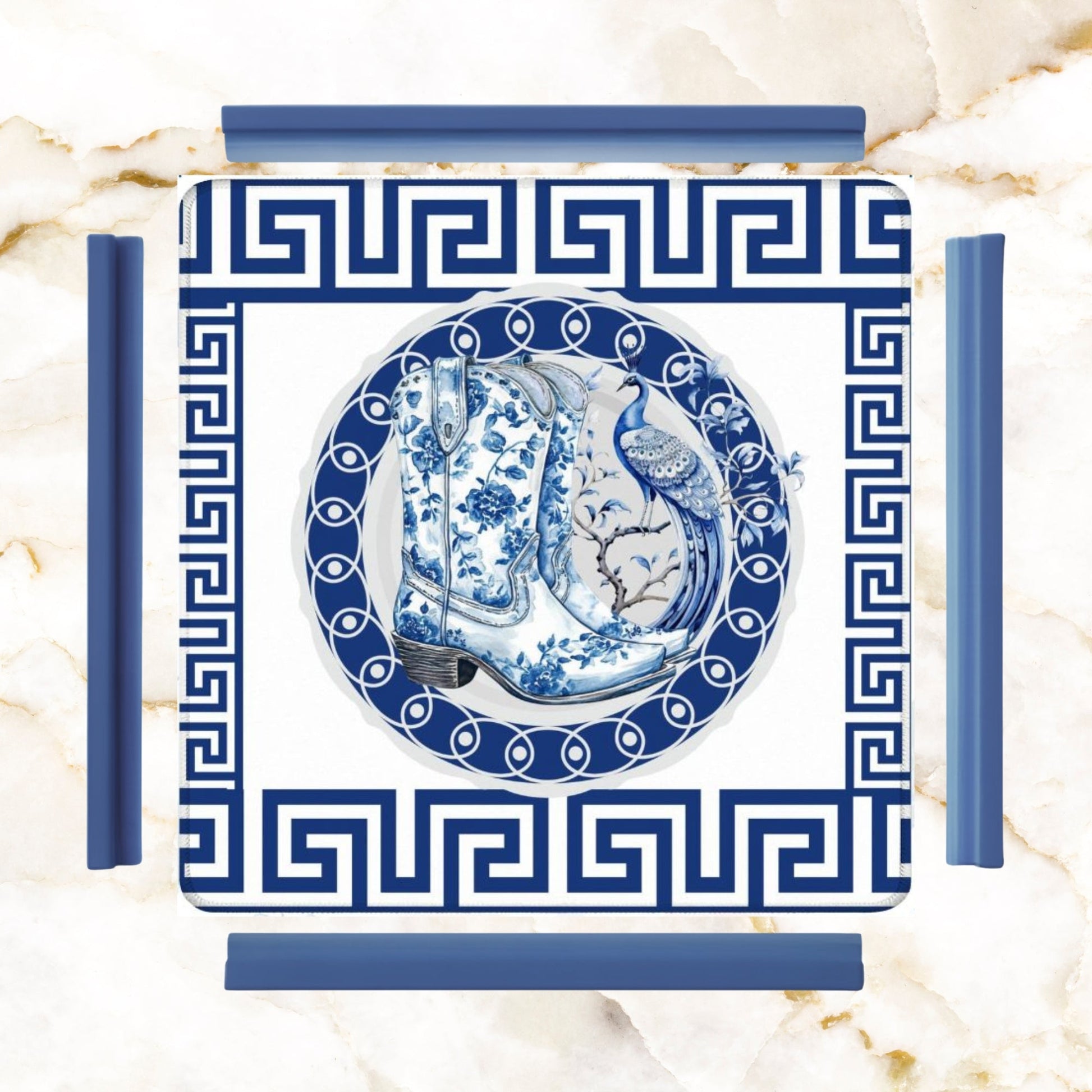Asian Chinoiserie Floral Dragon And Cowboy Boot Blue And White Mahjong Mat - 31.5’’x31.5’’ - Daily Accessories