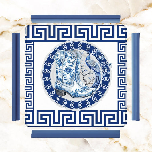 Asian Chinoiserie Floral Dragon And Cowboy Boot Blue And White Mahjong Mat - 31.5’’x31.5’’ - Daily Accessories
