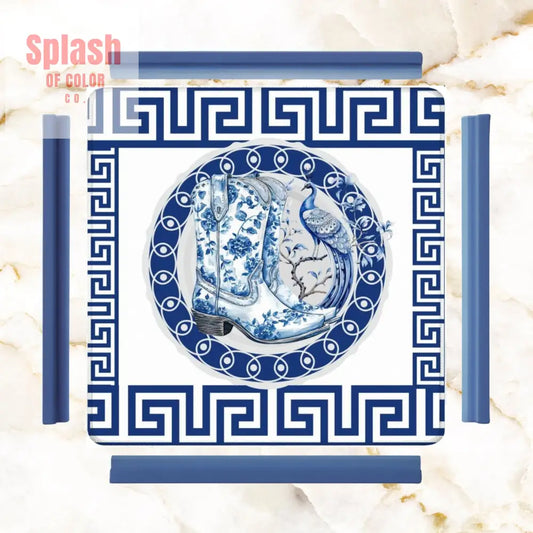 Asian Chinoiserie Floral Dragon And Cowboy Boot Blue And White Mahjong Mat - 31.5’’x31.5’’ - Daily Accessories