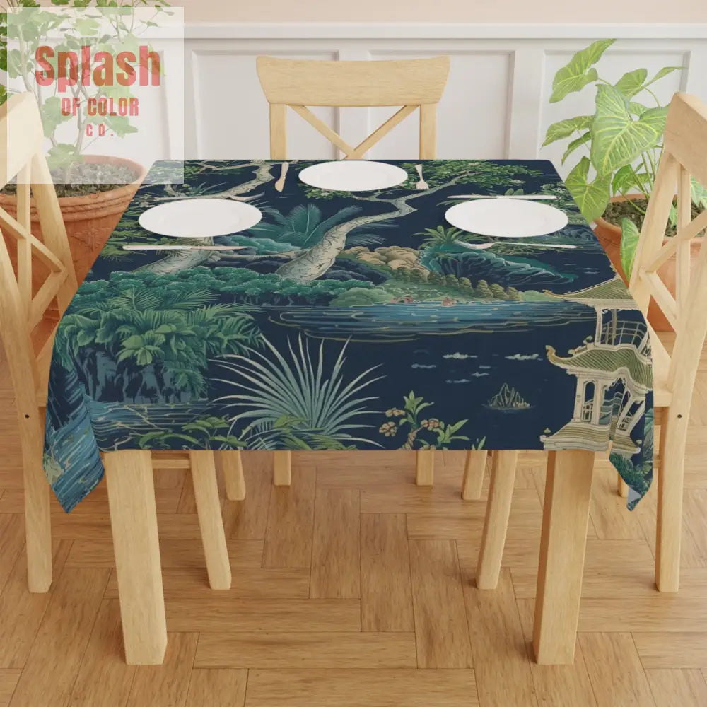 Asian Chinoiserie Pagoda Blue Green Serene Nature Tablecloth - One size / White - Home Decor