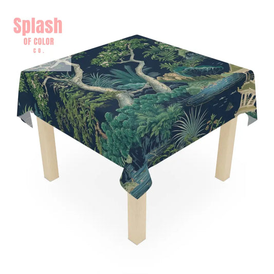 Asian Chinoiserie Pagoda Blue Green Serene Nature Tablecloth - One size / White - Home Decor
