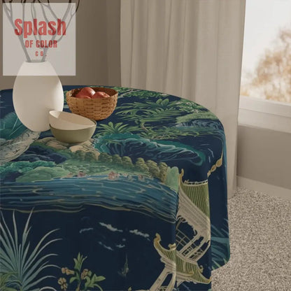 Asian Chinoiserie Pagoda, Blue Green Serene Nature Tablecloth - Splash of Color co.