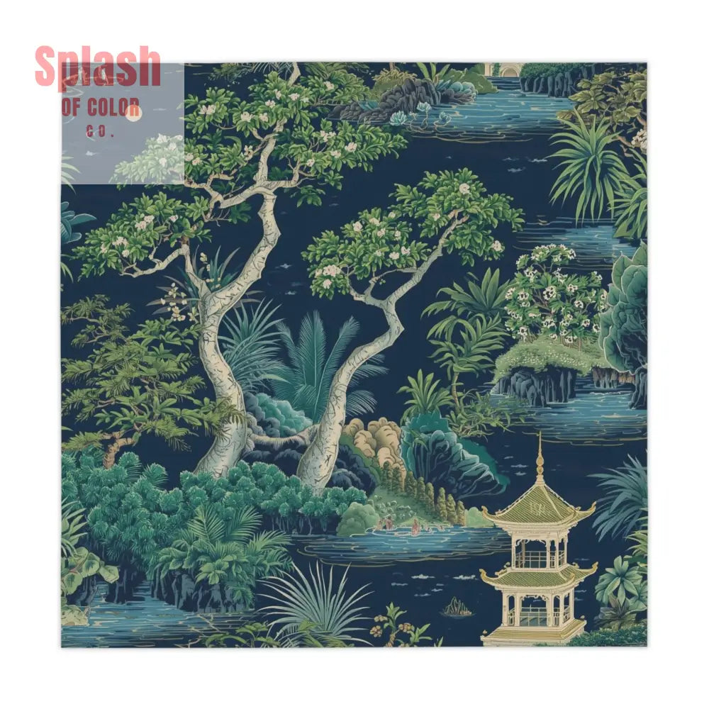 Asian Chinoiserie Pagoda Blue Green Serene Nature Tablecloth - One size / White - Home Decor