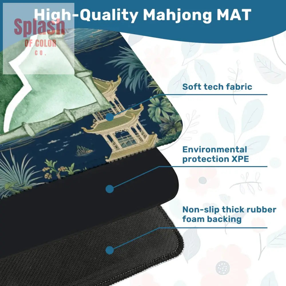 Asian Chinoiserie Tranquil Zen Pagoda Floral Mahjong Mat In Blue And Green - Daily Accessories