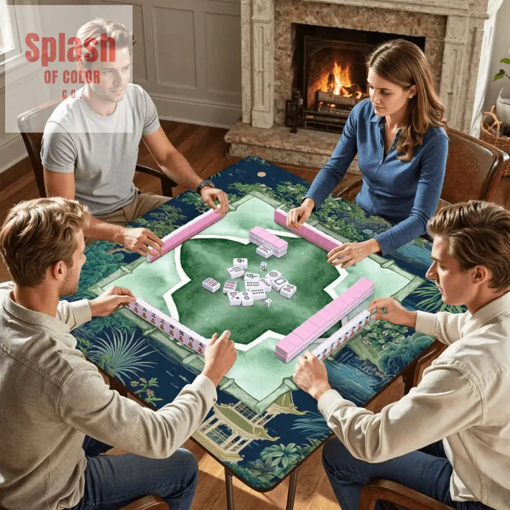 Asian Chinoiserie Tranquil Zen Pagoda Floral Mahjong Mat In Blue And Green - Daily Accessories