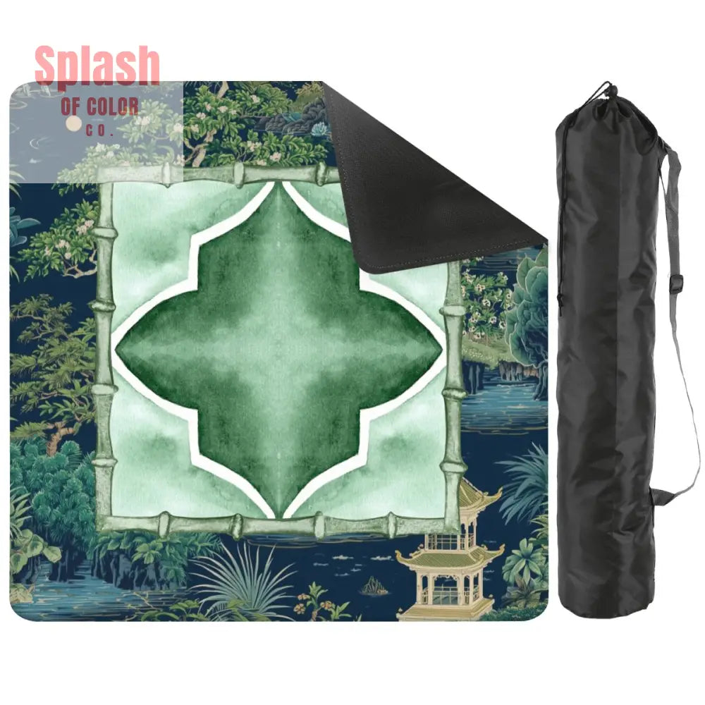 Asian Chinoiserie Tranquil Zen Pagoda Floral Mahjong Mat In Blue And Green - 2mm (Black Bag) - Daily Accessories