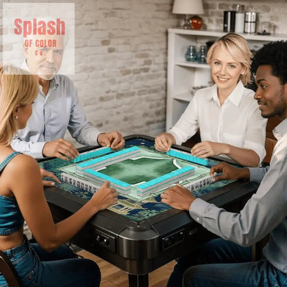 Asian Chinoiserie Tranquil Zen Pagoda Floral Mahjong Mat In Blue And Green - Splash of Color co.