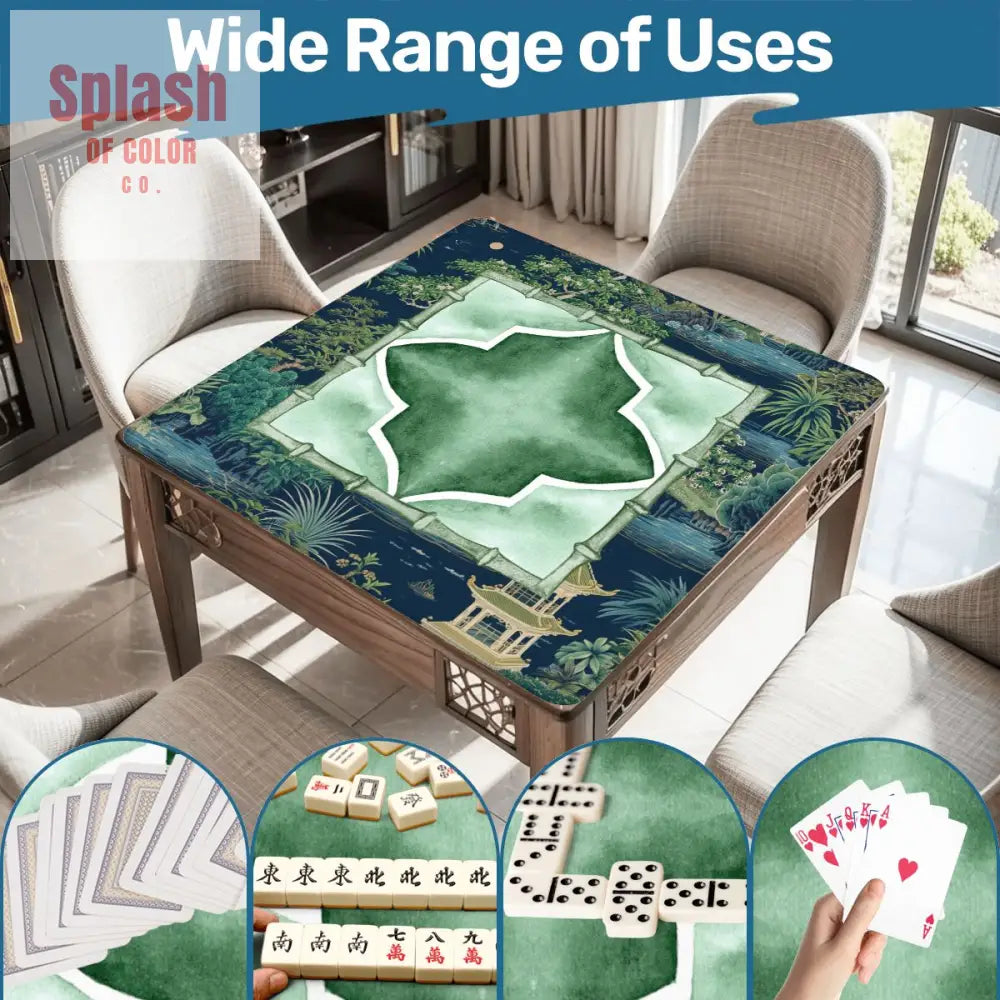Asian Chinoiserie Tranquil Zen Pagoda Floral Mahjong Mat In Blue And Green - Daily Accessories