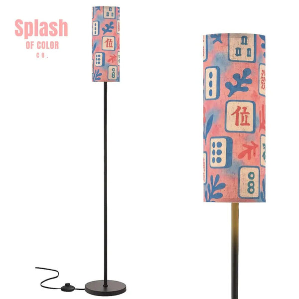 Asian Designed Mahjong Tiles Floral Pink Baby Blue Slim Corner Reading Floor Lamp - One Size - Floor Lamps