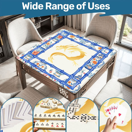 Asian Dragon Chinoiserie Designed Blue White Mahjong Mat - 31.5’’x31.5’’ - Daily Accessories