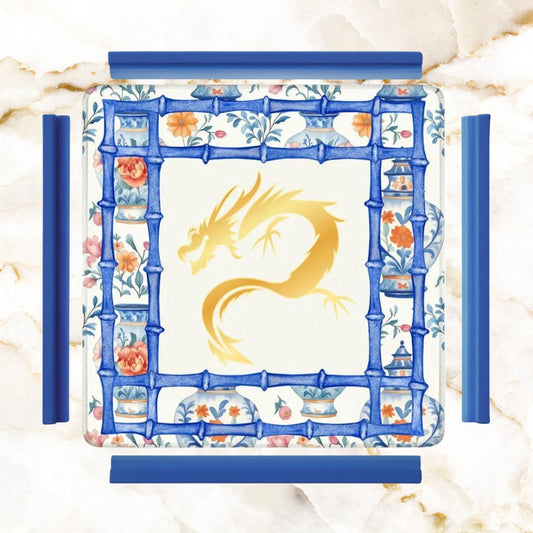 Asian Dragon Chinoiserie Designed Blue White Mahjong Mat - 31.5’’x31.5’’ - Daily Accessories