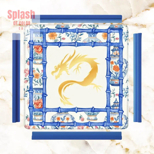 Asian Dragon Chinoiserie Designed Blue White Mahjong Mat - 31.5’’x31.5’’ - Daily Accessories