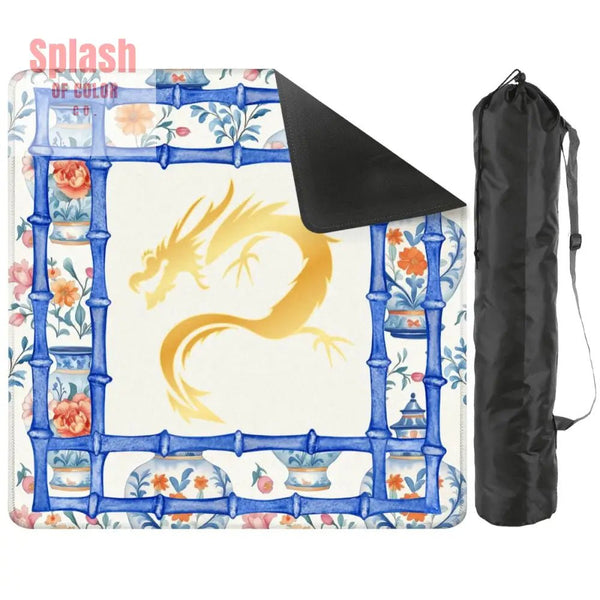 Asian Dragon Chinoiserie Designed Blue White Mahjong Mat - 31.5’’x31.5’’ - Daily Accessories