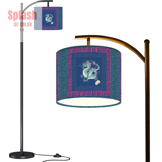 Asian Dragon Royal Blue Pink Chinoiserie Modern Arc Floor Lamp - One Size - Floor Lamps