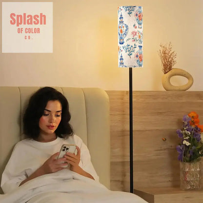 Asian Floral Chinoiserie Blue Orange Pink Vase Elegant Reading Nook Floor Lamp - One Size - Floor Lamps