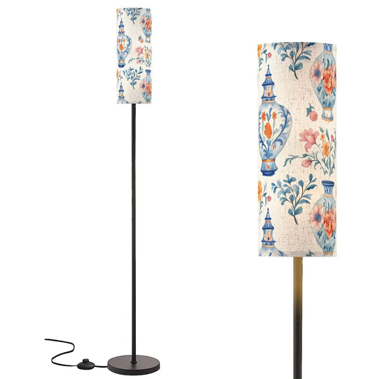 Asian Floral Chinoiserie Blue Orange Pink Vase Elegant Reading Nook Floor Lamp - One Size - Floor Lamps