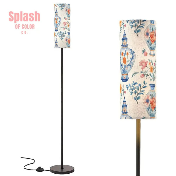 Asian Floral Chinoiserie Blue Orange Pink Vase Elegant Reading Nook Floor Lamp - One Size - Floor Lamps