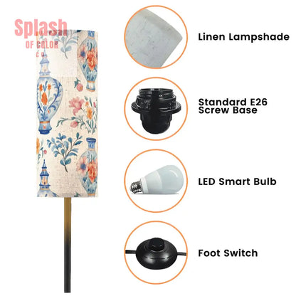 Asian Floral Chinoiserie Blue Orange Pink Vase Elegant Reading Nook Floor Lamp - One Size - Floor Lamps