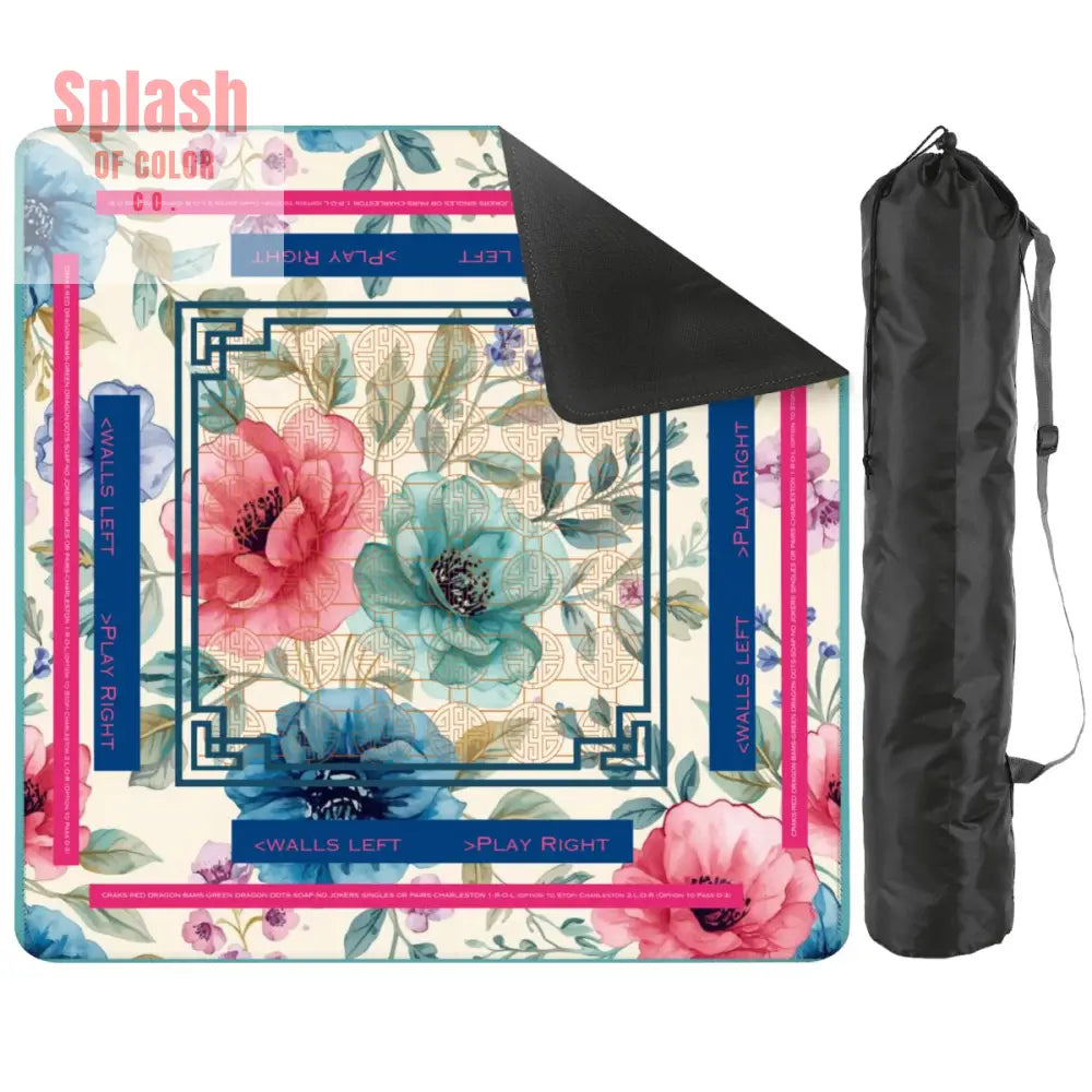 Asian Floral Mahjong Mat Instructional Pink Aqua Blue Mahj Game Mat - 2mm (Black Bag) - Daily Accessories