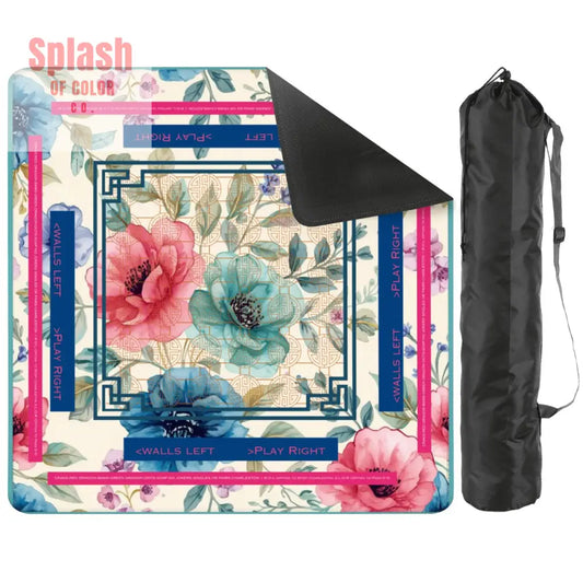 Asian Floral Mahjong Mat Instructional Pink Aqua Blue Mahj Game Mat - 2mm (Black Bag) - Daily Accessories