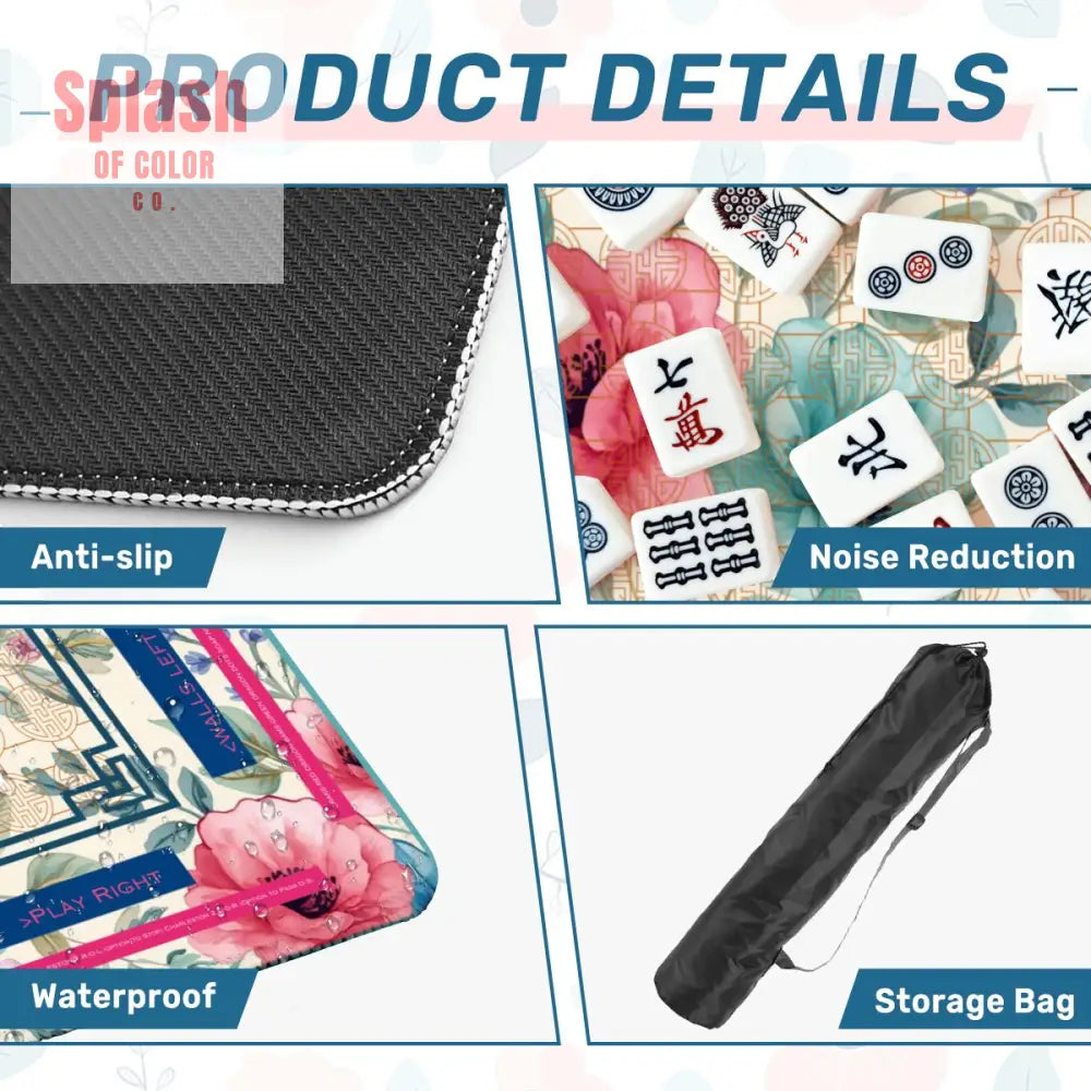Asian Floral Mahjong Mat Instructional Pink Aqua Blue Mahj Game Mat - Daily Accessories