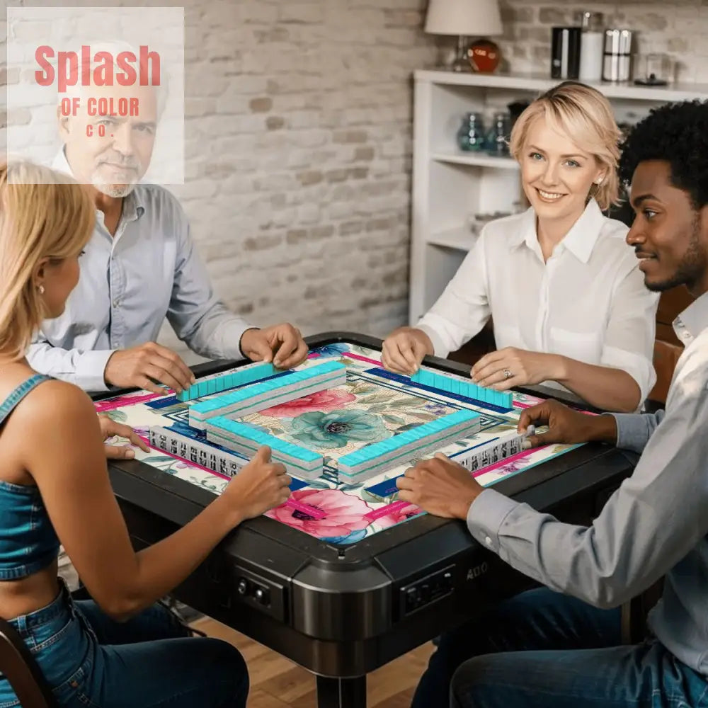 Asian Floral Mahjong Mat Instructional Pink Aqua Blue Mahj Game Mat - Daily Accessories