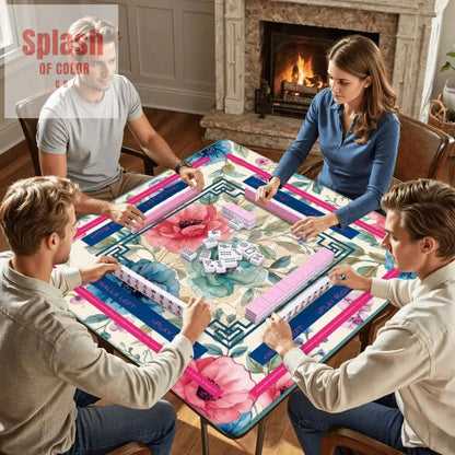Asian Floral Mahjong Mat, Instructional Pink, Aqua, Blue Mahj Game Mat - Splash of Color co.