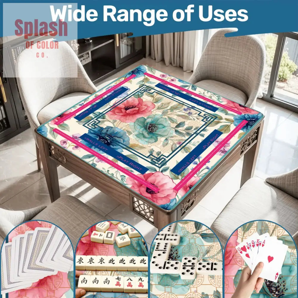 Asian Floral Mahjong Mat Instructional Pink Aqua Blue Mahj Game Mat - Daily Accessories