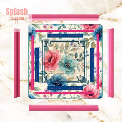 Asian Floral Mahjong Mat, Instructional Pink, Aqua, Blue Mahj Game Mat - Splash of Color co.