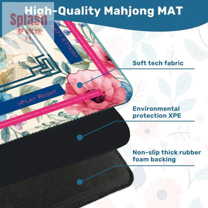 Asian Floral Mahjong Mat, Instructional Pink, Aqua, Blue Mahj Game Mat - Splash of Color co.